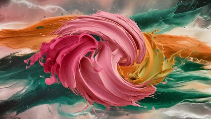Creative texture with pink, orange and green flowing paint, looks like space