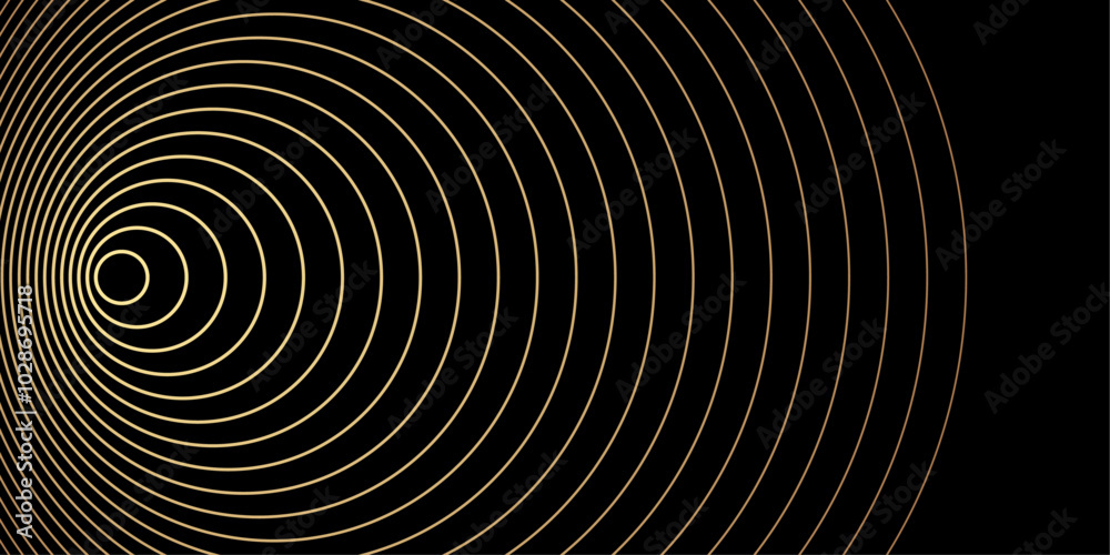 Poster Gradient light equalizer gold wavy curve. Abstract background with concentric circles in luxury golden color. Vector illustration of music, sound waves, technology, science. 