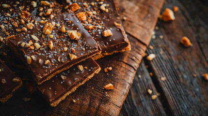 Close up of Saltine toffee pieces topped with chocolate and nuts on wooden table, sweet snack for dessert lovers, print for English Toffee Day and National Chocolate Day