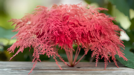 Fototapeta premium Vibrant red bonsai tree surrounded by lush greenery, showcasing intricate foliage and beautiful colors in a serene setting.