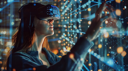 Exploring ideas through augmented reality as a woman engages with virtual elements in an innovative tech space