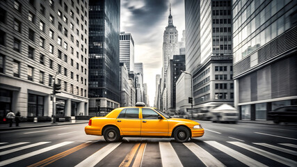 Solid minimalist yellow taxi in New York City background