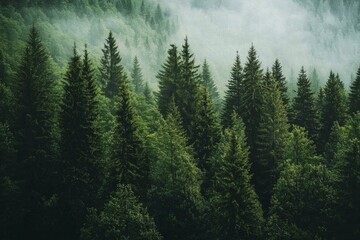 A dense forest of tall trees, with misty mountains in the background. Sunlight filters through the fog.