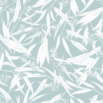 White eucalyptus branches, blue background. Seamless floral pattern-439.