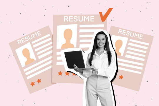 Creative collage picture young employee manager recruiter select candidate resume cv check tick success laptop profile application