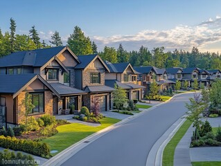Naklejka premium modern minimalistic view of a suburban neighborhood lined with contemporary houses, showcasing sleek architecture, greenery, and open spaces, ideal for real estate marketing