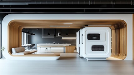 Fototapeta premium Modern minimalist interior with open kitchen, lounge area, and futuristic design elements, featuring wooden accents and sleek lighting fixtures