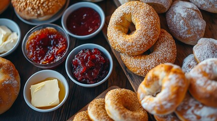 Close-up of fresh bagels with butter, fruit spreads and jams, morning meal and brunch for food lovers, print for National Homemade Bread Day and National Bagel Day