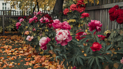 Vibrant peonies in various shades bloom among autumn leaves in a garden, showcasing the beauty of nature's seasonal transition.