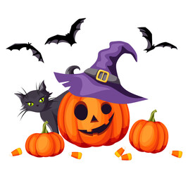 Halloween illustration with a jack-o-lantern in a witches hst, a black cat, pumpkins, bats, and candy corn. Vector clipart