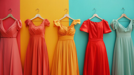 Colorful dresses hanging on hangers against bright turquoise and orange backgrounds in a vibrant display