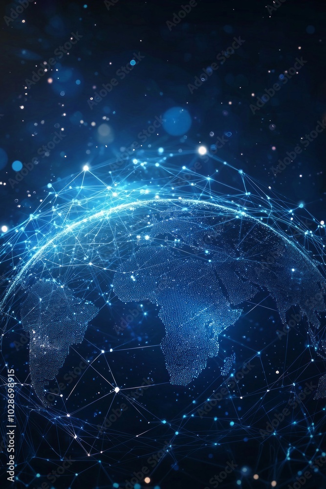 Wall mural abstract digital world map with global network connections and data transfer, technology background 
