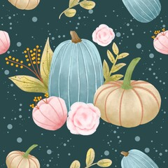 Seamless pattern artwork for fall season with pumpkin element and floral decorative around Suitable for cover, wallpaper, background, packaging, printable.