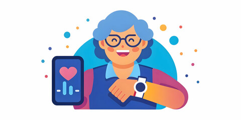 Elderly Woman Joyfully Using Wearable Health Tracker - Macro Close Up Showcasing Futuristic Health Tech Supporting Healthy Living Moments in Photo Stock Concept