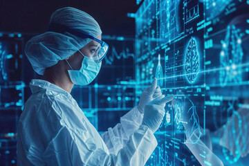 Medical researcher analyzing brain scan data on futuristic digital interface, wearing protective gear in high-tech laboratory environment