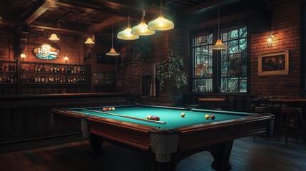 A pool or billiards table in a pool hall or bar with interesting lighting