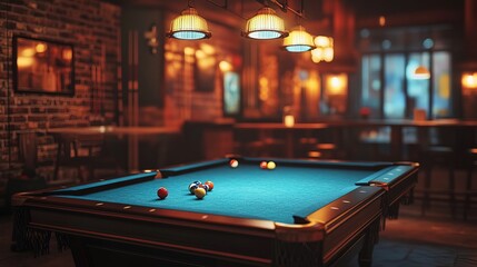 a pool or billiards table in a pool hall or bar with interesting lighting