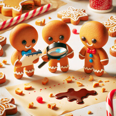 Obraz premium Three gingerbread figures investigating a mysterious stain on parchment paper in a festive kitchen setting, surrounded by holiday decorations and cookies