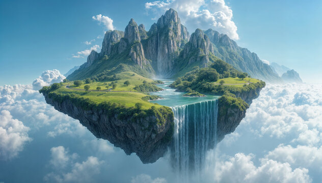 Majestic floating island with waterfall cascading from sky