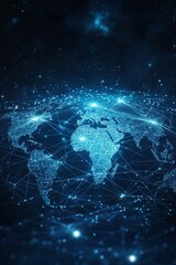 Abstract digital world map with global network connections and data transfer, technology background concept. Blue glowing lines on a dark blue background.