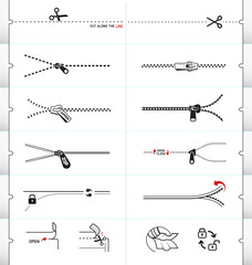 Zip and scissors vector icon set. Each icon perfect for your food bags, clothes vacuum bags, handbags, slider bags, ziplock bag. Easy shows clear instruction of opening, close. EPS10. 