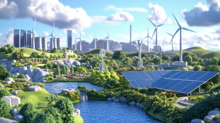 Fototapeta premium Vibrant 3D Representation of Renewable Energy Landscape