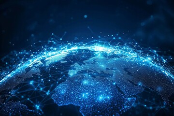Obraz premium Abstract digital world map with global network connections and data transfer, technology background concept. Blue glowing lines on a dark blue background.