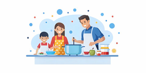 Family Cooking Together in the Kitchen: Weekend Morning Fun with Soft Bokeh Background and Copy Space for Creative Projects