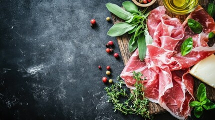 Beautifully Arranged Prosciutto with Fresh Herbs and Oil