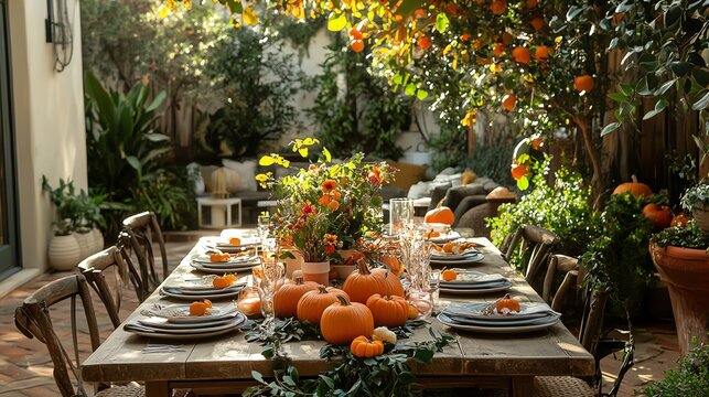 Beautiful outdoor dining setup with pumpkins and greenery in autumn colors.
