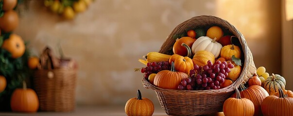 Colorful harvest basket filled with various fruits and vegetables, warm autumn ambiance