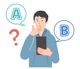 スマートフォンを持って2つの案で選択に悩む男性のイラスト