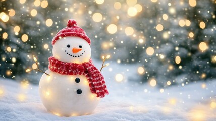 Cozy winter scene with cheerful snowman in red scarf, glowing lights, and snow-covered trees for a warm and inviting holiday atmosphere. Christmas