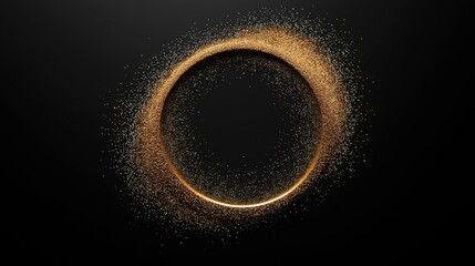 Abstract circular golden dust particle frame on a dark background creating a shimmering effect around the edges.