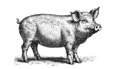 Fototapeta premium Pig, hog, boar. Vintage retro print, black white pig sketch ink pencil style drawing, linear drawing, engrave old school. Sketch artwork silhouette pig, hog, boar. Side view profile. Illustration