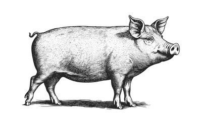 Fototapeta premium Pig, hog, boar. Vintage retro print, black white pig sketch ink pencil style drawing, linear drawing, engrave old school. Sketch artwork silhouette pig, hog, boar. Side view profile. Illustration