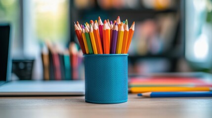 Creative Workspace with Colorful Tools and Sketchpads
