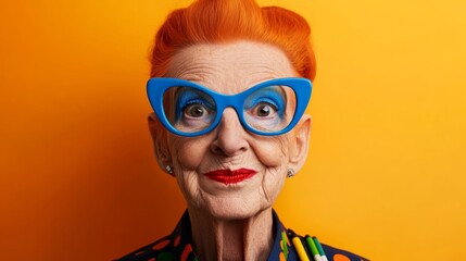 Woman with blue glasses, red lipstick is holding a pen, pencil. She has a surprised expression on her face. older lady should be wearing large, distinctive glasses, making humorous facial expression.
