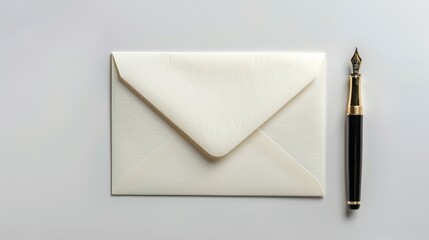 White Envelope with Gold-Trimmed Fountain Pen on White Background