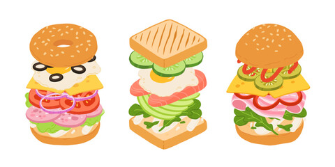Sandwiches with Various Ingredients. Vector cartoon illustration of sandwich, bagel, burger with meat, fish, avocado, egg, cheese and vegetables.
