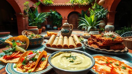 Fototapeta premium Traditional Mexican Cuisine: Tacos, Tamales, Enchiladas, and Guacamole in Stunning Detail