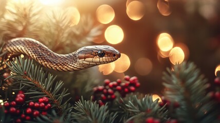 Fototapeta premium Elegant snake among festive pine and berry decor, with softly glowing lights in background adding a touch of holiday magic. Christmas