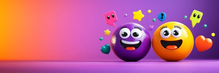 Obraz premium Two smiling faces with hearts and stars surrounding them. Scene is happy and playful. ball are arranged in a way that they look like they are connected, social media icons in the background