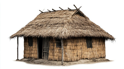 An old, traditional hut made of straw, isolated on a white background 