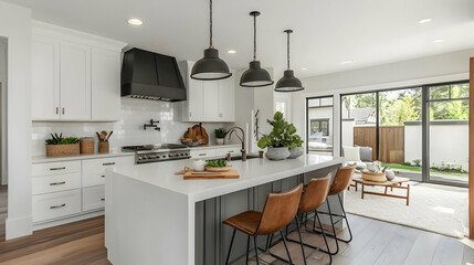 Modern kitchen with island seating and natural light.