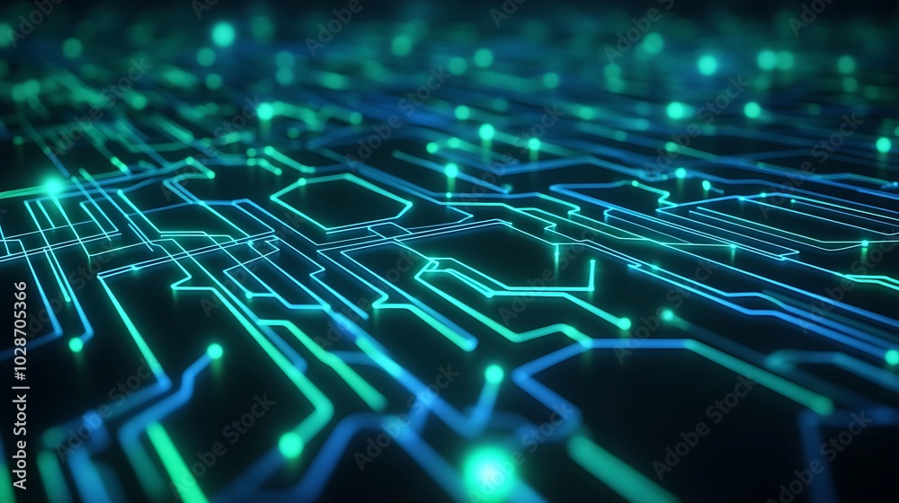 Poster abstract glowing blue and green circuit board pattern.