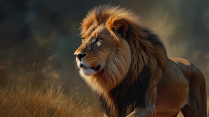 Obraz premium a lion standing tall against a dramatic backdrop of mountains and stormy skies. Its powerful build and piercing eyes exude an aura of strength and dominance.