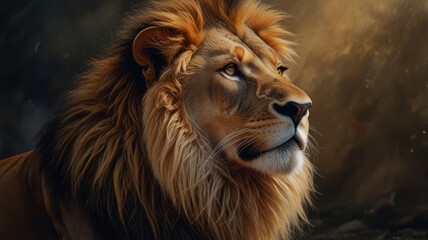 Fototapeta premium a lion standing tall against a dramatic backdrop of mountains and stormy skies. Its powerful build and piercing eyes exude an aura of strength and dominance.