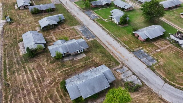 Aerial view of street in Picher, Oklahoma - a ghost town and EPA Superfund site that was abandoned in 2009