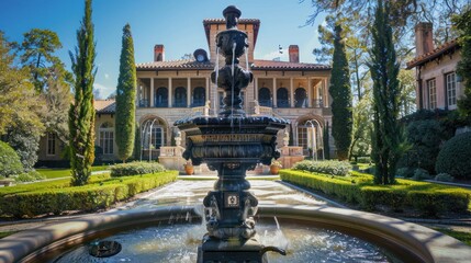 Obraz premium Ornate Fountain in a Lush Garden Before a Grand Mansion